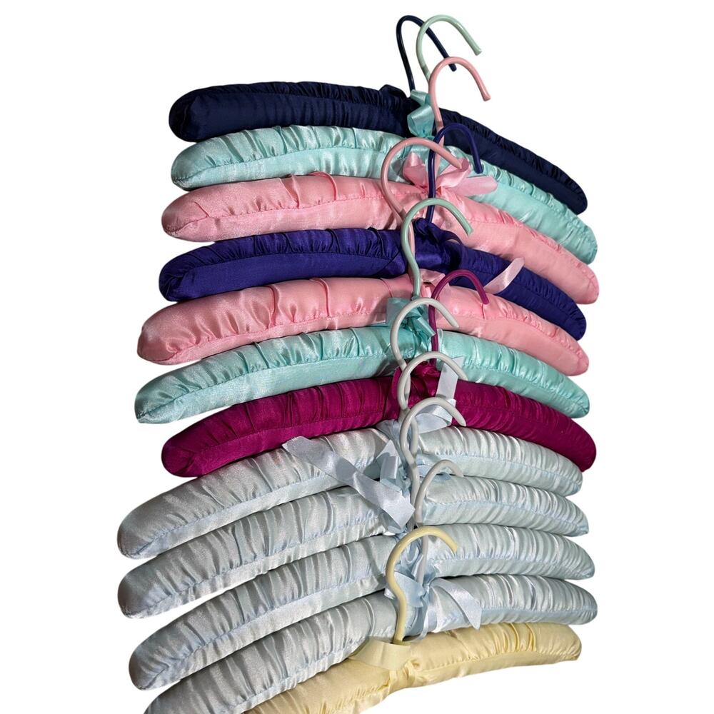 Lot of 12 Satin Padded Clothes Hangers Multicolor with Bow Accents - Picture 9 of 10